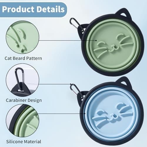 SLSON Silicone Collapsible Dog Bowl, 2 Pack Portable Dog Travel Bowl, Cute Cat Pattern Pet Feeding Bowl 750ml Large Foldable Food & Water Bowl with Carabiner (Blue+Green) — view 4