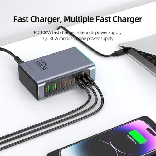 660W USB C Charger 8-Port Fast GaN Charger 140W/100W/30W USB C Charging Station with Colorful Lights Multi Port Power Adapter for Laptop, MacBook Pro, Dell XPS, iPad, iPhone, Samsung — view 5