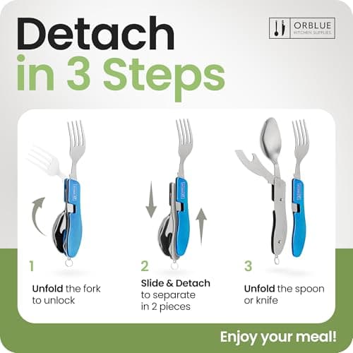 Orblue 4-in-1 Camping Utensils, 2-Pack, Portable Stainless Steel Spoon, Fork, Knife & Bottle Opener Combo Set - Travel, Backpacking Cutlery Multitool (Blue 1-Pack) — view 3