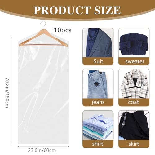 10 Pack Long Dress Covers 71 Inch Clear Garment Bags for Hanging Clothes Plastic Suit Bags Dry Cleaning Bags Hanging Dust-proof Garment Bags for Coat Gowns Dresses — view 2