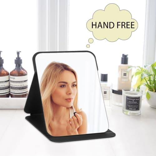 OSDUE Folding Tabletop Mirror, 16 * 11cm Black PU Leather Portable Travel and Desktop Vanity Mirror with Stand for Office Desk, Vanity Table, Camping — view 5