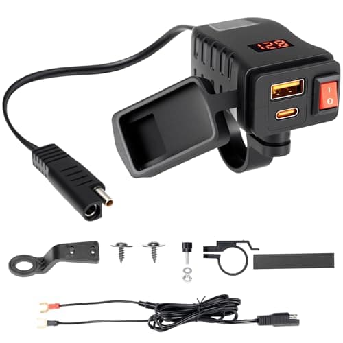 KEMIMOTO Motorcycle USB Charger with USB-C and USB-A Ports, 61-Inch Extra-Long IP66 Waterproof Cable, 30W 3.0 Fast Charging for Phone GPS, On/Off Switch, SAE 5A Fuse, Fits 7/8" Handlebars