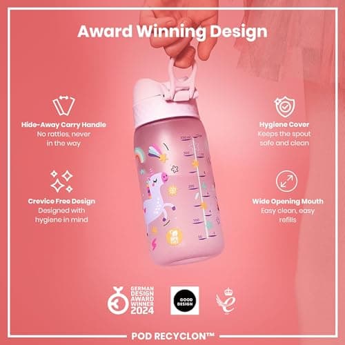Ion8 Kids Water Bottles, BPA Free, Leakproof, Dishwasher Safe, Easy Open, Secure Lock, Small Boys & Girls Water Bottle,Kids Drinks Bottle for Spill-free Drinking, Pink, Unicorns, 350ml/12oz — view 6