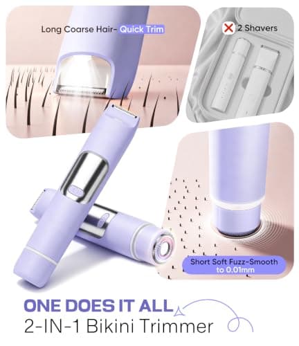 Bikini Trimmer Women 2-in-1 Facial Hair Remover for Women, USB-C Electric Lady Shaver with Digital Display, Dual Head Women Shaver with Smart Light for Pubic, Bikini, Underarm, Travel Lock, Lavender — view 3