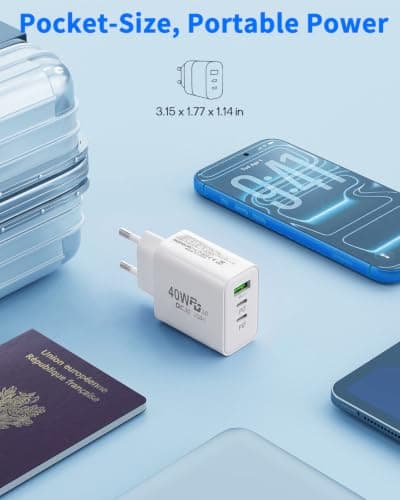 EU plug travel adapter charger, European wall adapter with 2 USB-C fast charging ports and 1 USB-A port, European universal fast charger compatible with iPhone and Samsung — view 4