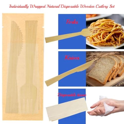 10Pack Luxury Individually Wrapped Disposable Cutlery Set; Each Includes Dinner Knives Forks Tissue; Eco-Friendly Wooden Guest Disposable Utensils for Party, Camping, Traveling, Family Dinners — view 5