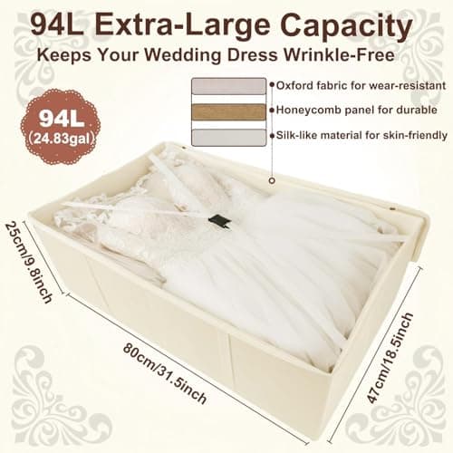 Wekuch Wedding Dress Storage Box – Large Wedding Dress Preservation Box 94L with Acid-Free Tissue Paper, Cedar Wood Blocks, White Gloves & Dust Bag for Bridal Gown Preservation (Gray) — view 3
