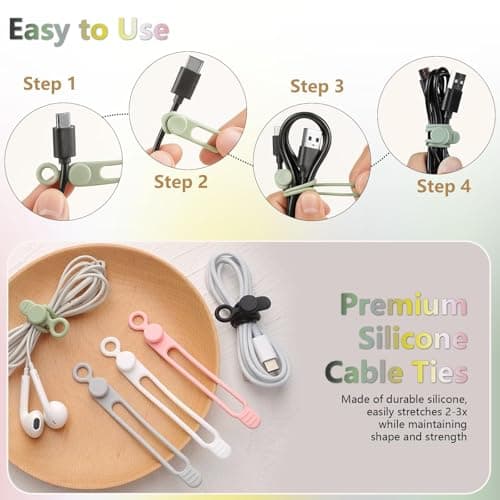 Data Cable Organizer, Elastic Reusable Silicone Cable Straps Cord Organizer for Bundling and Fastening Earphone, Phone Charger (12 PCS) — view 5