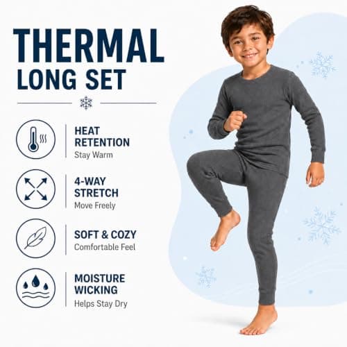 Kids Thermal Underwear Set, 2 Piece Winter Base Layer with Long Sleeve Crew Neck Top and Full Length Bottoms for Boys and Girls, School, Sports, Travel and Outdoor Activities (Charcoal, 5-6 Year) — view 2
