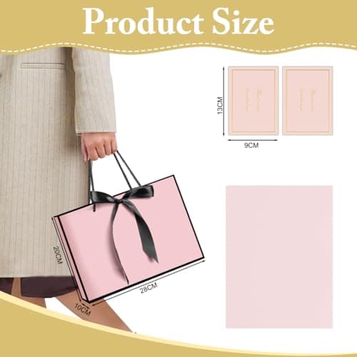 AMFUN 2PCS Medium Pink Gift Bag, Paper Gift Bag with 4 Wrappers and 2 Cards,Present Bags with Handles,Pinks Paper Bags for Women Valentines Girls Bridesmaid Birthday Wedding Party (Pink-Black) — view 2