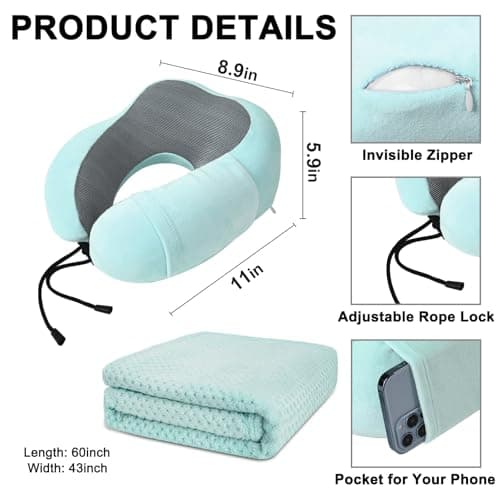 urnexttour Travel Pillow and Blanket Set Neck Pillows Soft Blankets with Sleep Mask Travel Essentials for Airplane Car Memory Foam Blue Green — view 4