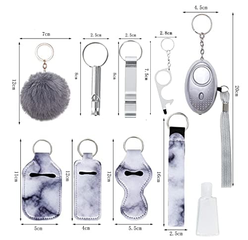 Flymind Safe Keychain Set for Girls with Personal Safety Alarm, Hand Sanitizer Holder, Whistle and Pom — view 2