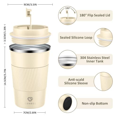 CS COSDDI Travel Mugs, Insulated Coffee Cup with Leakproof Lid - Reusable Coffee Cups Travel - Car Coffee Cup - Stainless Steel Coffee Mug for Hot and Cold Water(C09 Sand, 380ml) — view 3