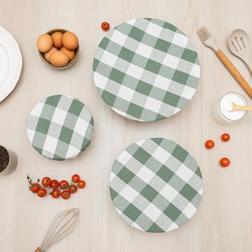 Sage Green Cotton Bowl Covers - 8 Pack, Reusable, Washable, 100% Cotton Fabric Set to Cover Fruits, Vegetables and Regulate Moisture - Elastic Closure for Salads, Bread & Leftovers (Sage Green) — view 5