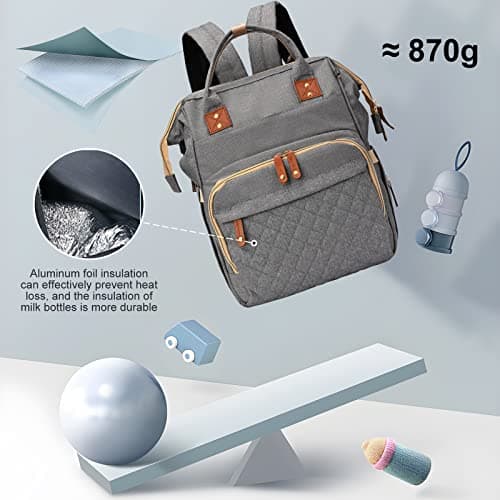 Rikmody Baby Changing Bag Backpack, Multifunctional Diaper Bags with Folding Bed, Large Capacity Nappy Backpacks Insulated Bottle Pockets, Mat, Stroller Straps, USB Port, Gray, 27*18*38cm — view 5