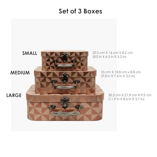 Emartbuy Rose Gold Foil Suitcase Gift Boxes Set of 3 – Prebuilt Decorative Cardboard with Metal Handle & Clasp – Organizer for Events, Hampers & Gifting – 30.2×21.9×9.5/25×18.8×8.8/20.2×16×8.2 cm — view 3