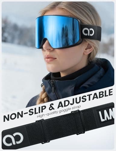 Lamicall Ski Goggles, Skiing Goggles - 【HD Anti-fog Lens】 UV400 Protection Snow/Snowboard Goggles with Wide OTG Over Helmet Compatible, Anti-glare for Men & Women - Black Frame Blue Lens — view 4