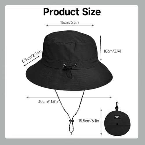 Waterproof Bucket Hat for Men and Women, Foldable Boonie Sun Hat with Wide Brim, UPF 50+ UV, Adjustable Chin Strap, Quick Dry Rain Hat for Fishing, Hiking, Camping, Travel and Outdoor Use (Black) — view 2