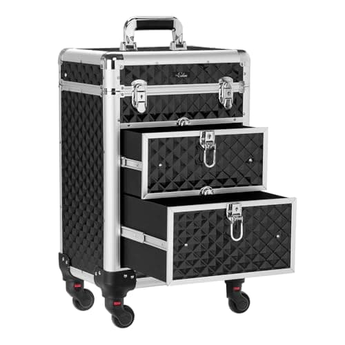 Bonnlo Aluminum Rolling Makeup Train Case, Portable Makeup Organizer Suitcase, Cosmetic Storage Box, Travel Beauty Luggage Trolley Lockable w/4 Removable Wheels & 2 Sliding Drawers -Black — view 6