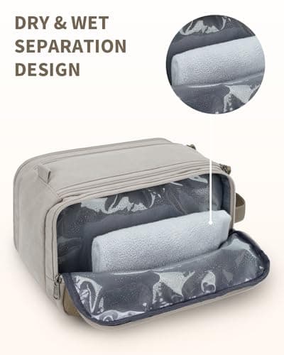 WANDF Toiletry Bag for Men Travel Wash Bag Toiletry Organizer Canvas and PU Leather Dopp Kit Water-Resistant Shaving Kit for Travel Accessories (Cream Beige, Patent Pending) — view 2