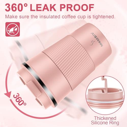MOMSIV Coffee Cup, Insulated Coffee Cup with Leakproof Lid, Non-Slip Vacuum Reusable Stainless Steel Eco-Friendly Travel Office Mug for Hot and Cold Water Coffee and Tea, 380ml/13oz(Pink) — view 5