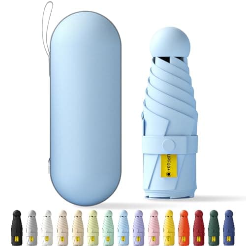 FWHFNB Travel Umbrella, Travel Mini Umbrella, Pocket Umbrella, UV Umbrella, UPF 50+, Portable Lightweight Compact, with Storage Box, for Men and Women (Sky Blue)