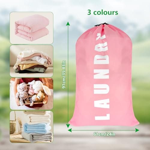 3Pcs Large Laundry Bag 91cm×61cm Travel Laundry Bag Foldable Laundry Bags with Drawstring laundry bags for travelling for Travelling Camping Home Bathroom Caravan Dormitory(Blue&Pink&Grey) — view 2