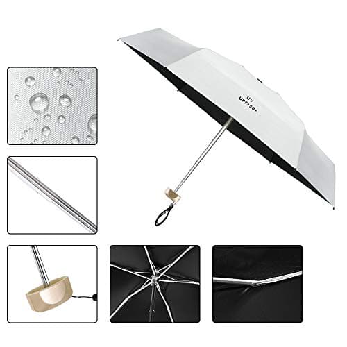 Vicloon Mini Umbrella, Pocket Umbrella Gray with Golden Handle, 210T Black Rubber Cloth & 6 Aluminum Alloy Ribs, Foldable Compact Travel Umbrella, UPF>50+ UV Resistance — view 6