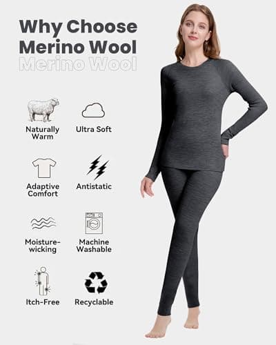 Women's 100% Merino Wool Thermals Base Layer Set (M,190-Heather Grey) — view 2