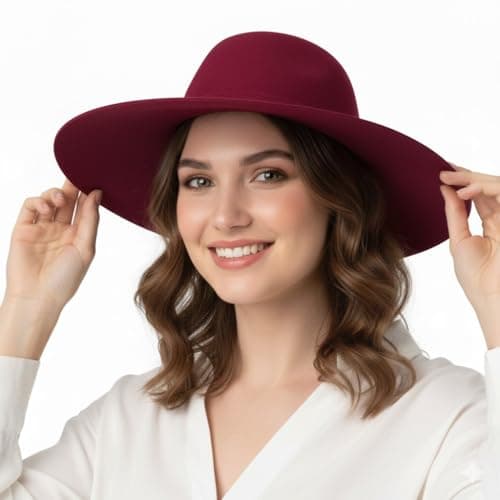 BIWTUP Women’s Wool Wide Brim Sun Hat Packable Summer Fedora, UV Protection Beach Hat, Stylish Travel & Outdoor Hat Maroon — view 3