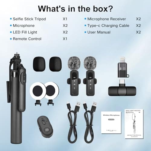 Selfie Stick Vlogging Kit for iPhone/Android, 180cm Selfie Stick with 2 Light and Wireless Microphone, Mobile Phone Tripod for Smartphone, Tiktok/YouTube Starter Kit — view 6