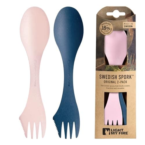 Light My Fire Spork Original 2-Pack 3-in-1 Camping Accessories Knife Fork Spoon Set, Survival Camping Gifts for Scouts, Reusable Travel Cutlery Set, Quality Plastic Cutlery BPA Free Sporks Blue/Pink