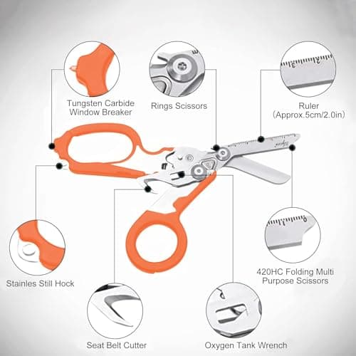 Blyxon 6 In1 Multifunction Emergency Response Shears, Tactical Folding Trauma Shears, Outdoor Camping Rescue Scissors Tools with Utility Holster (Orange) — view 5