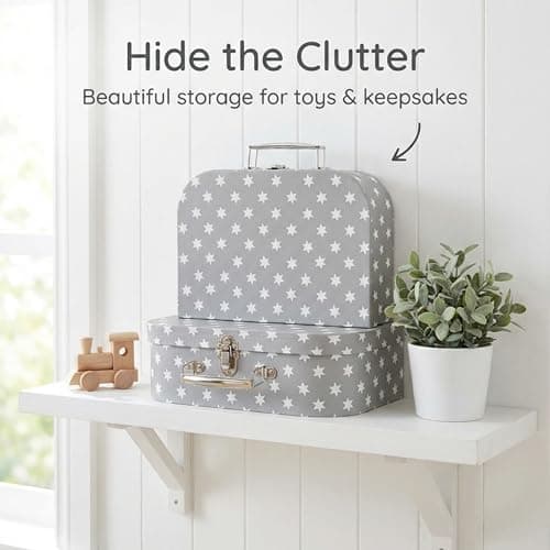 Hoolaroo Gift Box Suitcases with Metal Handles, Grey with White Stars Pattern, Set of 2, Small 20cm x 15cm x 8.5cm, Large 25cm x 18cm x 9cm — view 5