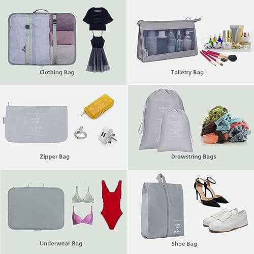 Packing Cubes for Suitcase,Lychico 9pcs Travel Luggage Packing Organizers Waterproof Travel Essentials Bag Clothes Shoes Storage Bags, Gray — view 5
