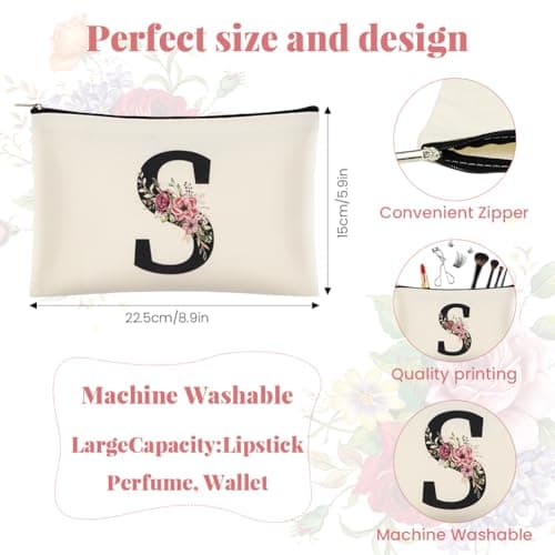 ABOHU Initial Canvas Tote Bag, Personalized Present Bag with Floral Makeup Bag, Premium Cotton Tote Bags for Wedding, Birthday, Beach, Holiday, Great Gift for Women, Mom, Teacher, Friends, Bridesmaids — view 5