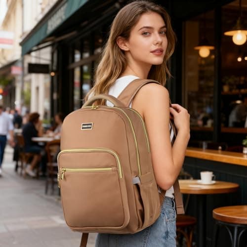 POWER KING 15.6'' Laptop Backpack Womens/Mens, Waterproof Rucksack Bag with Anti-theft Pouch, Lightweight Small Backpack Casual Daypack for Travel/College/Work (Khaki, 25L) — view 6