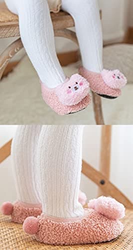 FedMois 3 Pairs Baby Boys Girls Non-Skid Indoor Fuzzy Slipper Shoes Socks Winter Warm, Pink, Grey and Beige, 12-18 Months — view 3