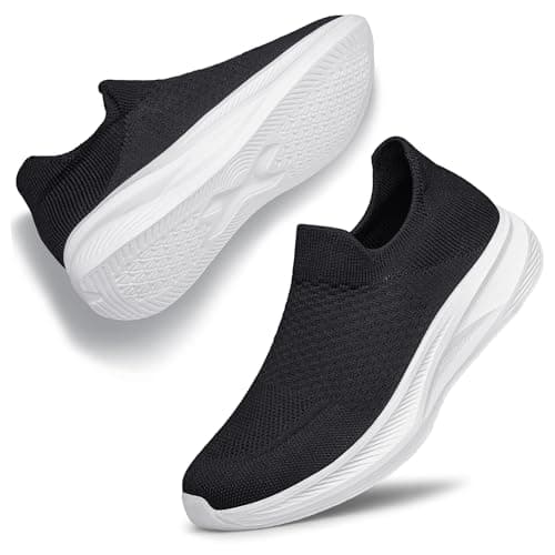 Raoendis Women Slip on Trainers Ladies Running Shoes Sport Walking Sneakers, Lightweight Comfortable Breathable Mesh Shoes Fashion Outdoor Black White Size 3.5