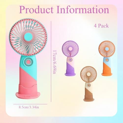 4 Pack Mini Handheld Portable Fan, USB Rechargeable Portable Mini Fan with Detachable Stand Base, 3 Speed Quiet Personal Cooling Fan, Battery Powered Small Desk Fan for Travel Office Outdoor Home — view 2