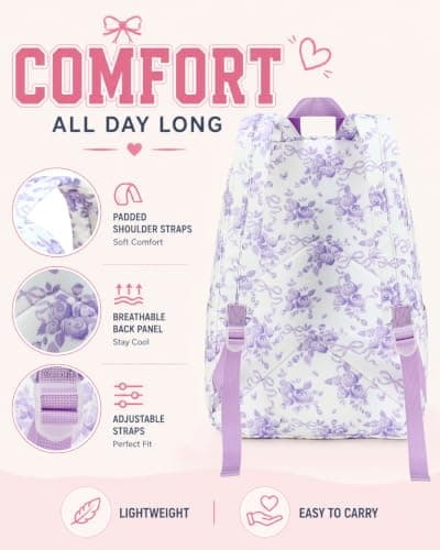 CAMTOP Girls Backpack with Lunch Box Set, Cute Bow School Backpack for Kids, 3-in-1 Lightweight Lunch Bag and Pencil Pouch, Purple Flower White, One Size, Daypack Backpacks — view 5