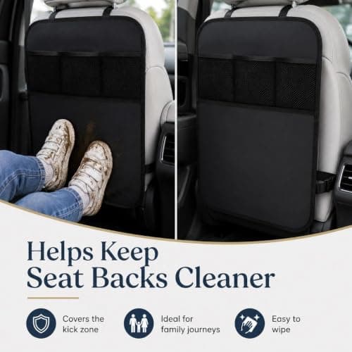 Plumaire 2 Pcs Car Seat Back Protector Set, 60 x 45 cm Rear Seat Protector with Support Cushion, 3 Storage Mesh Pockets and Adjustable Straps, Waterproof and Stain-Resistant (Black) — view 4