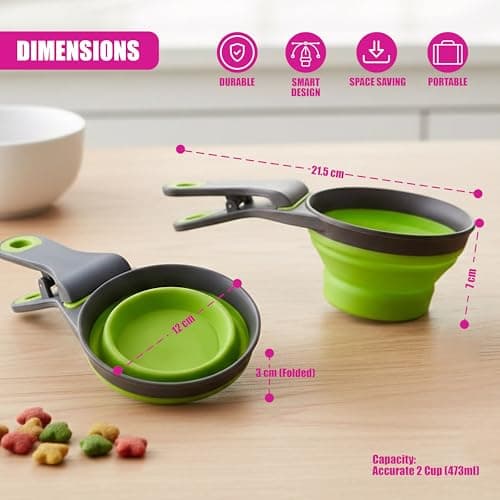 MTS 3 in 1 Collapsible Pet Food Scoop with Bag Clip - Silicone Dog Measuring Cup & Cat Feeding Bowl - Portable Travel Accessories 2 Cup Capacity for Portion Control, Dry Wet Kibble & Water — view 4