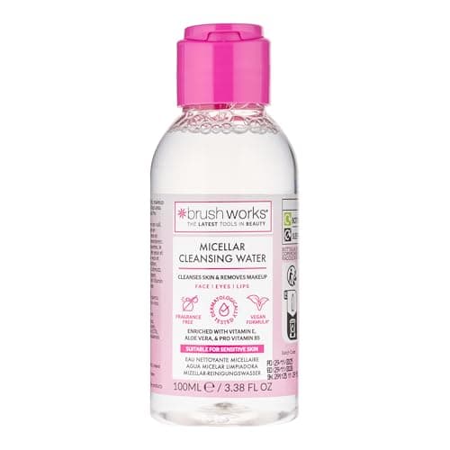Brushworks Micellar Cleansing Water 100ml – Travel Size Makeup Remover with Vitamin E, Aloe Vera & Pro Vitamin B5 for Face, Eyes & Lips, Fragrance Free & Vegan