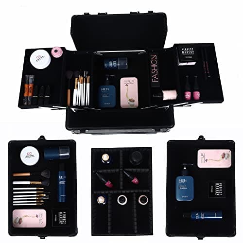 Bonnlo 4 in 1 Rolling Makeup Train Case, Aluminum Makeup Travel Organizer Cosmetic Case, Cosmetology Display Suitcase on Wheels, Beauty Storage Luggage Lockable w/4 Removable Wheels - Black — view 6