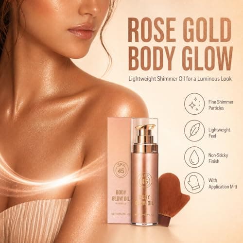 Body Shimmer Oil, Rose Gold Glow for Women, Oil Shimmer with Application Mitt, Lightweight Non-Sticky Liquid Highlighter for Arms Legs Decolletage Party Holiday Makeup — view 6