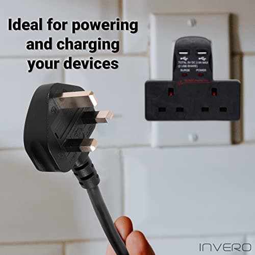 Invero 2 Way Gang Cable-Free Multi-Plug 13A Wall Socket Adaptor with 2x USB Charging Ports 2.4A - Surge Protected - Neon Indicator - Black — view 4