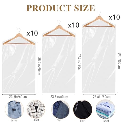 30 Pack Plastic Dry Cleaning Bags Clear Garment Bags for Hanging Clothes 3 Sizes Clothes Covers Dust-proof Clothing Protector Covers for Coat Shirt Jacket — view 2