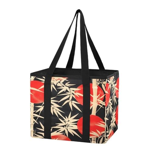 Quteprint Car Trunk Organizer, Japanese Bamboos Moon 600D Oxford Foldable Storage Bag with Handles, 13.0x10.8x10.2in, Portable Collapsible Container for Groceries, Kitchen, Picnic & Travel