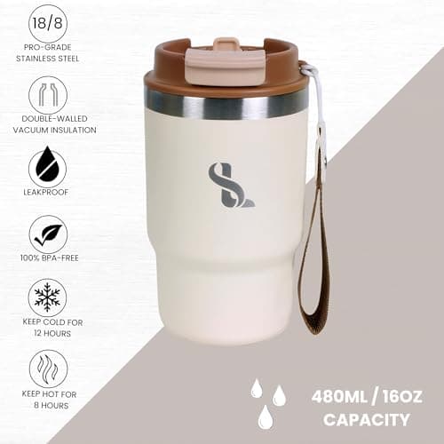 SimplyLivin Insulated Coffee Cup Travel Mug 480ml 16oz | Tumbler Flask with Straw & Spout Lid | Leakproof | 8H Hot 12H Cold | Reusable Coffee Cup | Stainless Steel Tumbler | Gift | Classic Beige — view 6